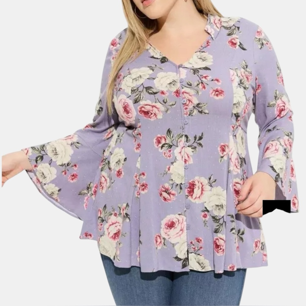 NEW Torrid Flowy Blouse 4 4X | 26 Purple Fit & Flare Bell Sleeves Top Button